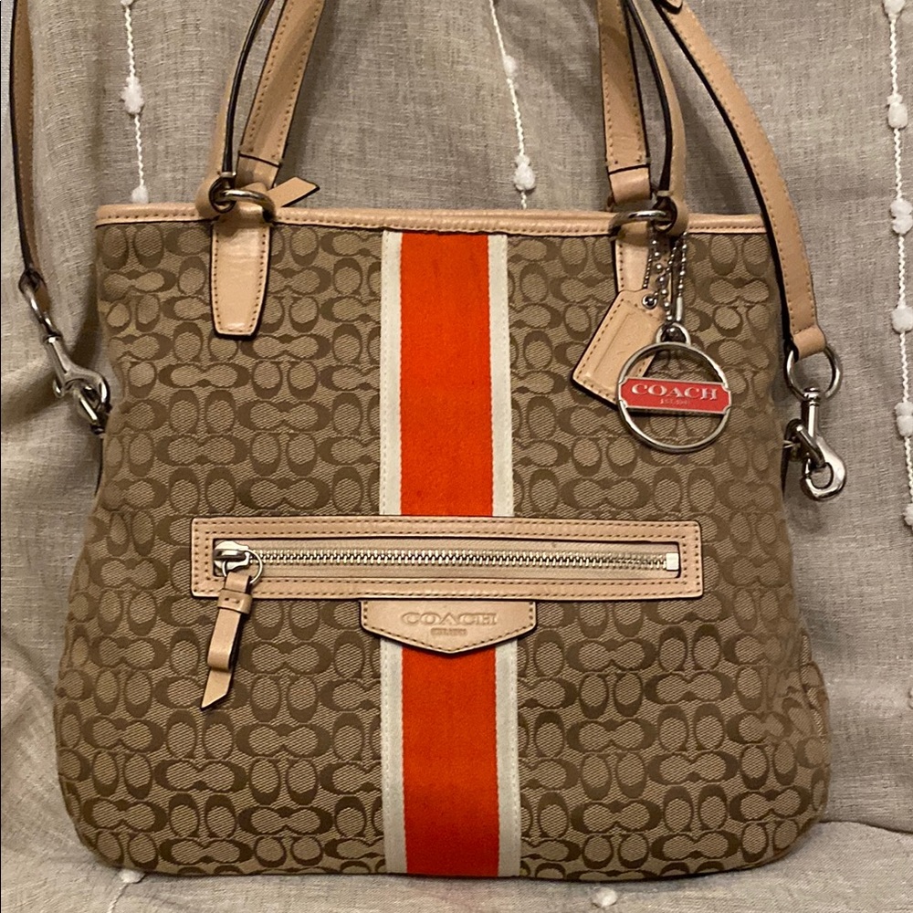Coach Tan & Orange Signature Tote handbag Cross body with detachable strap